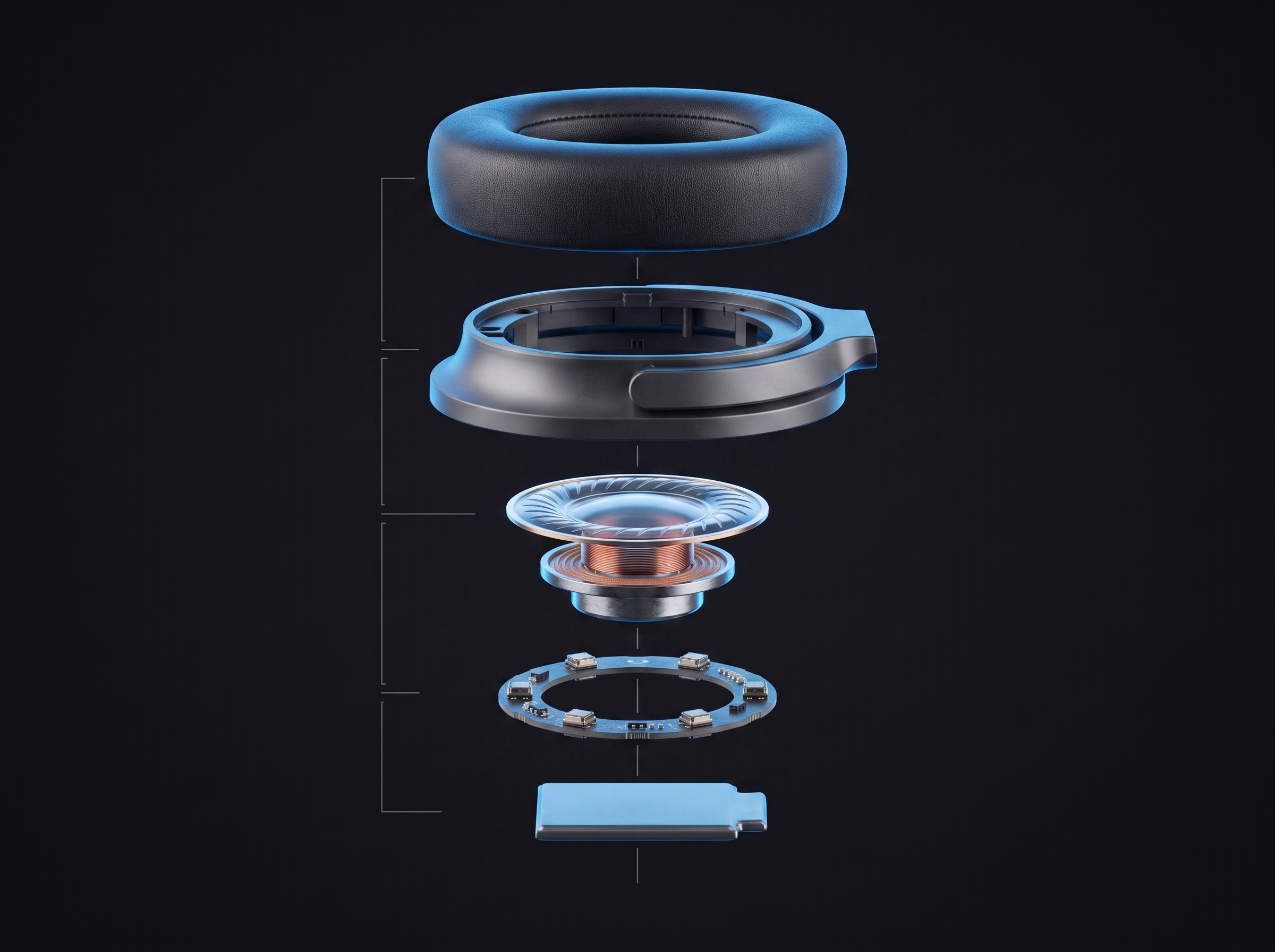 Exploded technical view of the AURIS One earcup: cushion, housing, driver, microphone array and battery