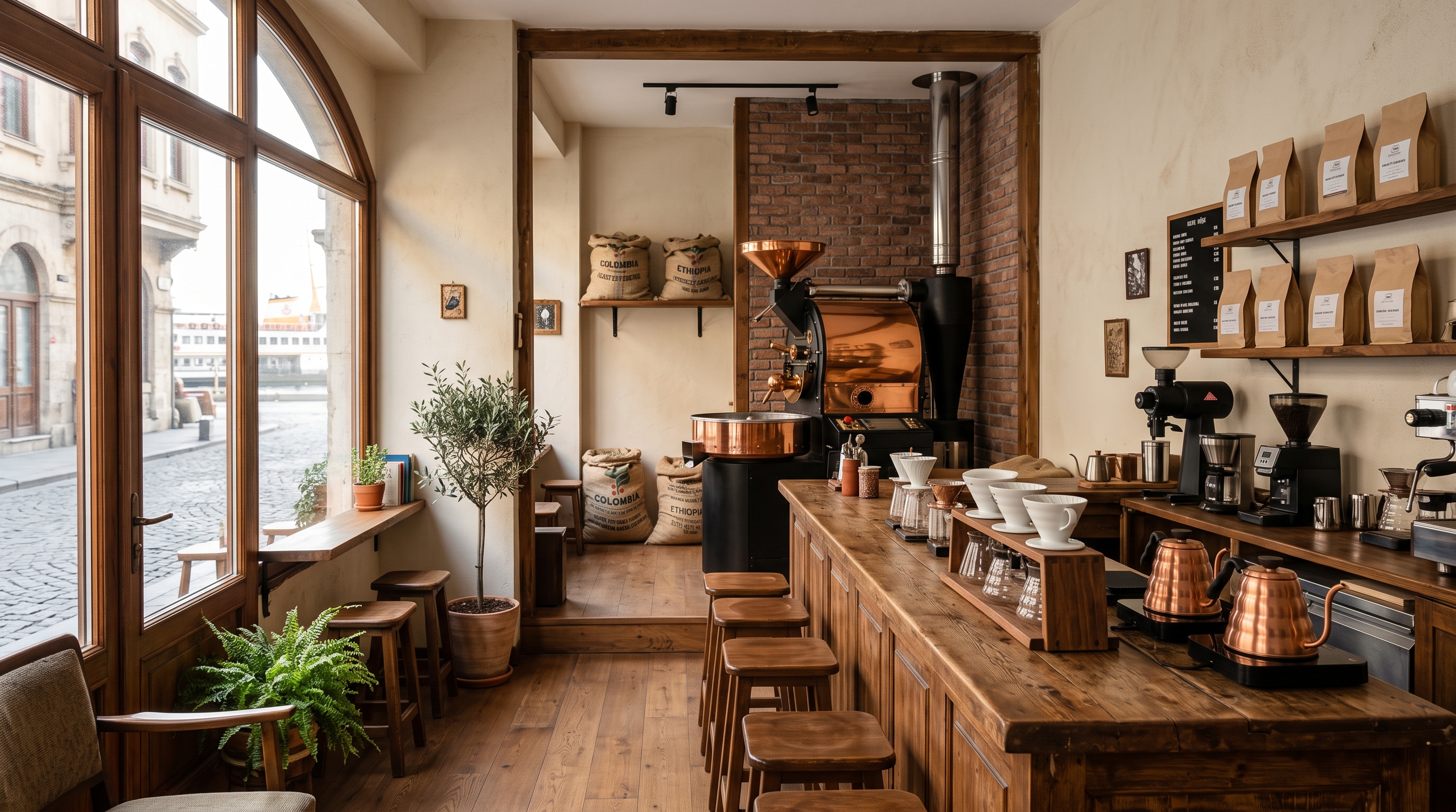 Karaköy'deki KAVRA atölyesinin içi, bar ve oturma alanı